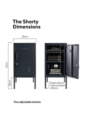 Mustard Made Locker The Shorty Slate with adjustable shelves, lock, handle, and air vents in a compact dark gray design