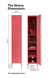 Mustard Made Locker The Skinny Berry with four adjustable shelves, lock, handle, and vents in red, dimensions 183cm height, 35cm width, 46cm depth.