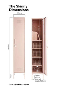 Pink Mustard Made Locker with slim design, four adjustable shelves, hanging rail, and lock.