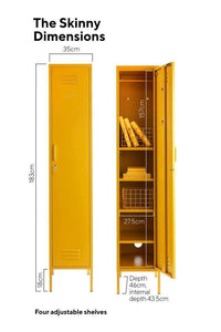 Yellow Mustard Made Locker with slim design, four adjustable shelves, hanging rail, lock, and air vents, measuring 183cm height and 35cm width.