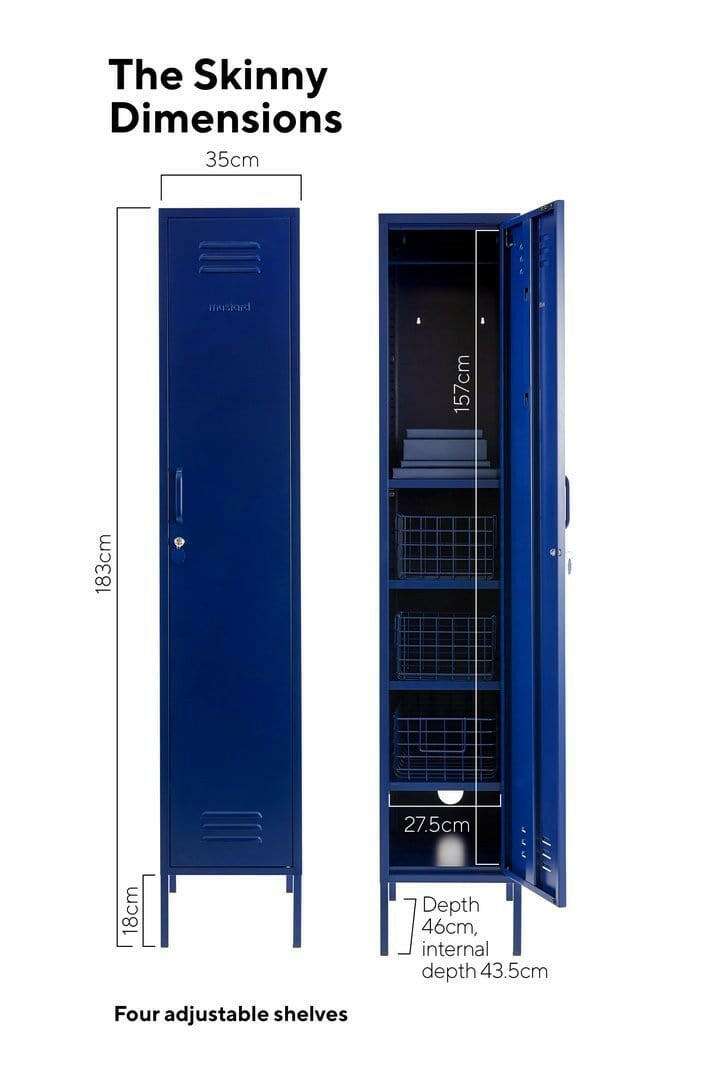 Navy skinny locker by Mustard Made with four adjustable shelves, hanging rail, hooks, lock, and ventilation.