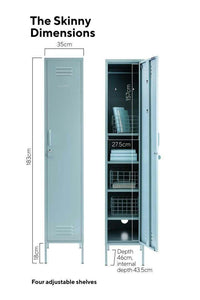Mustard Made Locker The Skinny Ocean with dimensions and four adjustable shelves shown in open and closed views
