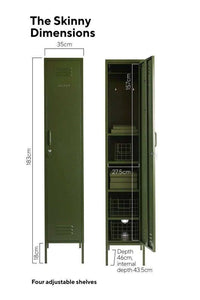 Mustard Made Locker The Skinny Olive tall slim metal storage locker with adjustable shelves and lock in olive green