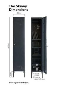 Mustard Made Locker The Skinny Slate tall slim metal locker with adjustable shelves and lock in dark slate color