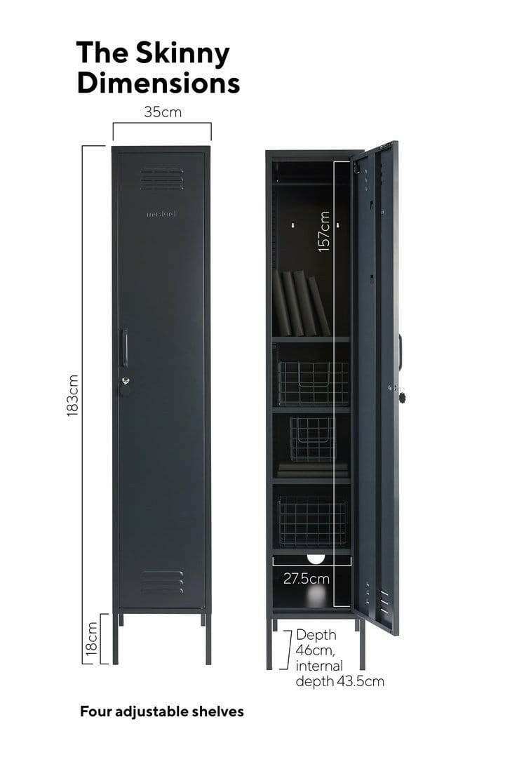 Mustard Made Locker The Skinny Slate tall slim metal locker with adjustable shelves and lock in dark slate color