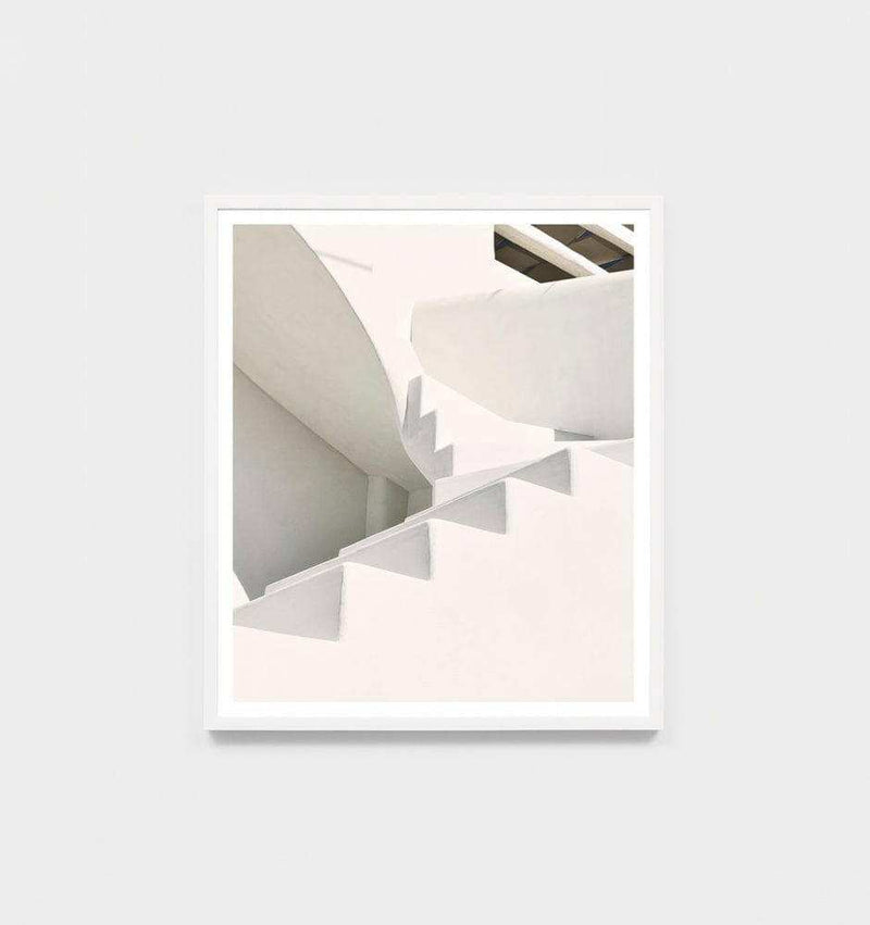 Minimalist Middle of Nowhere Mykonos white steps photographic print framed in white