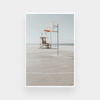 Newport Hoops Print photographic wall art featuring a basketball hoop on a beach court with a lifeguard tower in the background, available in various sizes and framing options.