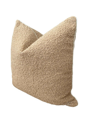 norsu Studio Bouclé Buff Cushion with white leather piping handcrafted in Melbourne