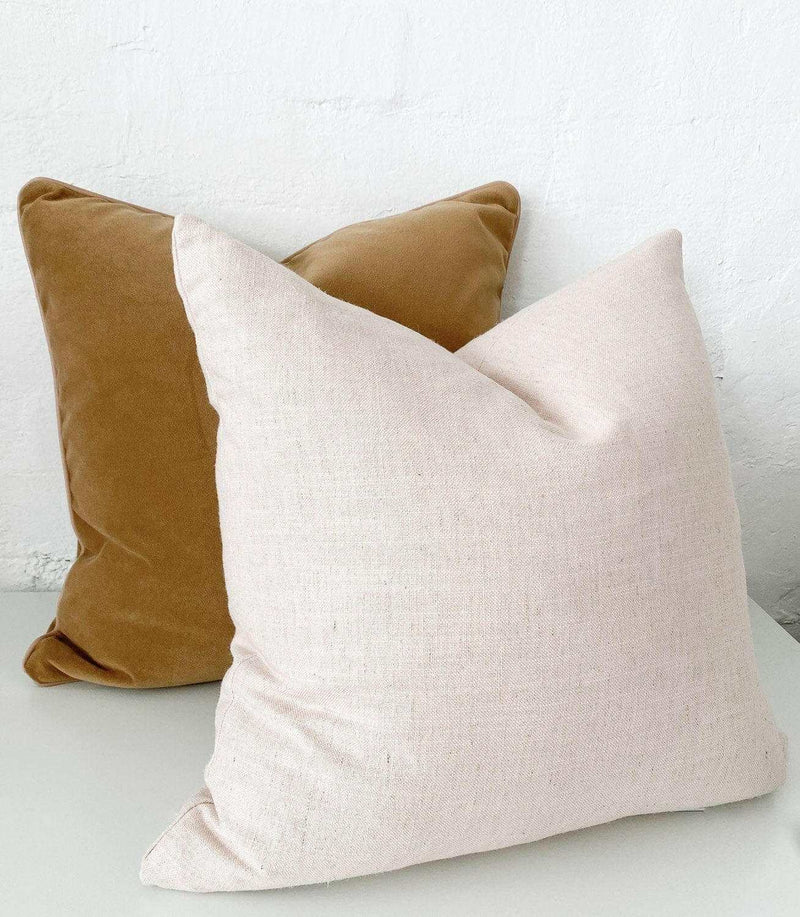 norsu Studio Cushion set with caramel velvet and blush leather piping, handmade in Melbourne, soft feather down filling