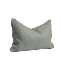 norsu Studio Cushion in Haven Celadon with white leather piping, handmade with Warwick fabric and feather down filling