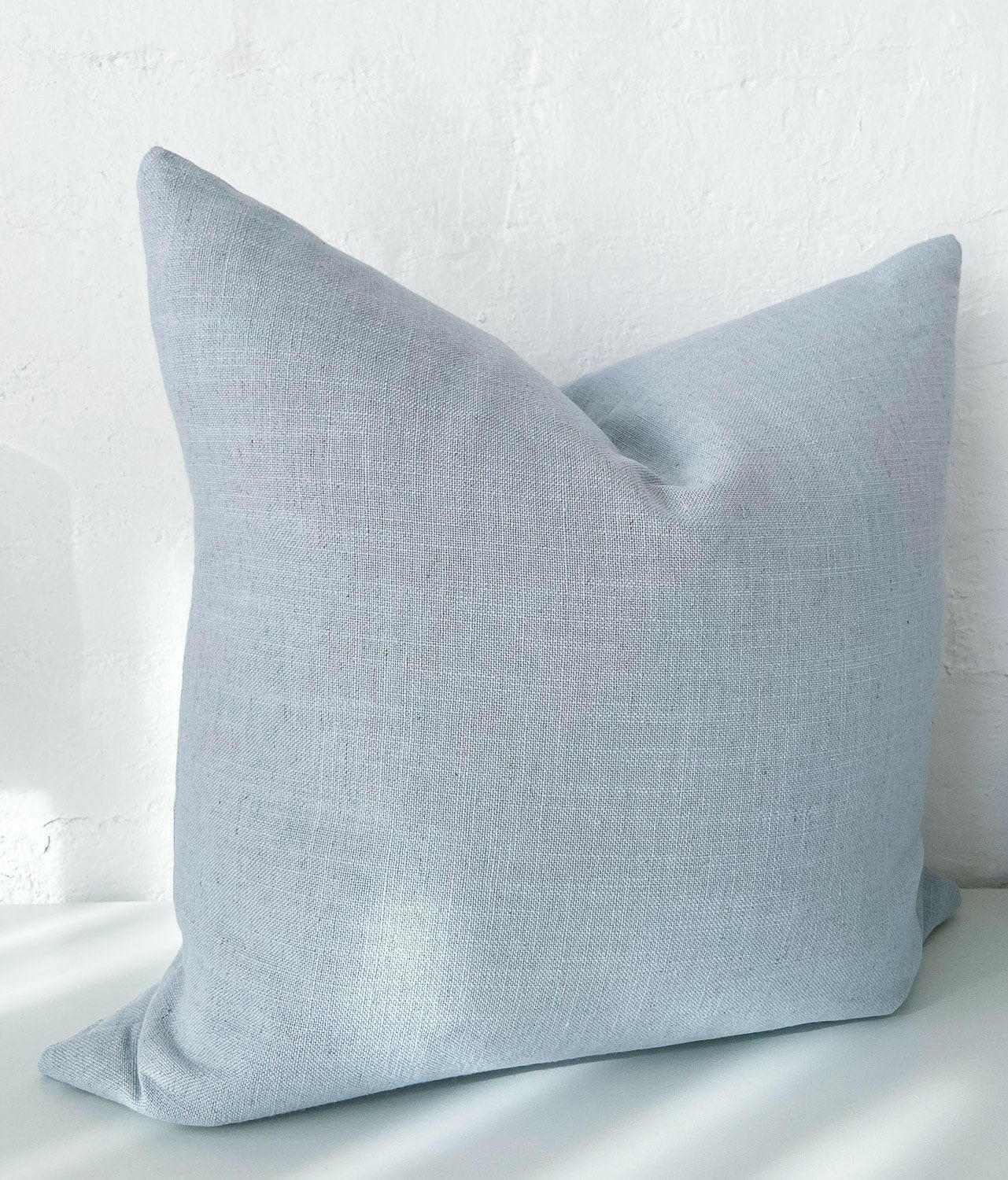 norsu Studio Cushion Lexus Duck Egg in soft blue fabric with feather down filling, handmade in Melbourne
