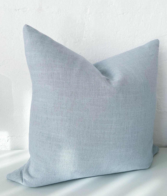 norsu Studio Cushion Lexus Duck Egg in soft blue fabric with feather down filling, handmade in Melbourne