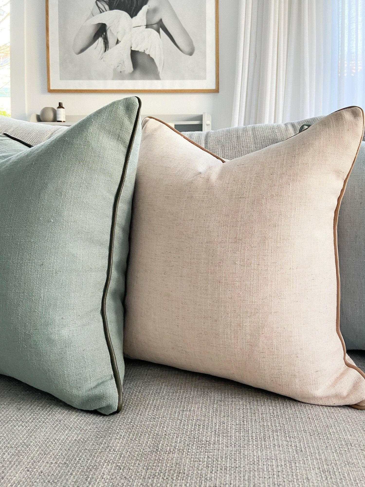 norsu Studio Cushion Lexus Rosewater with blush leather piping on sofa adding warm decor