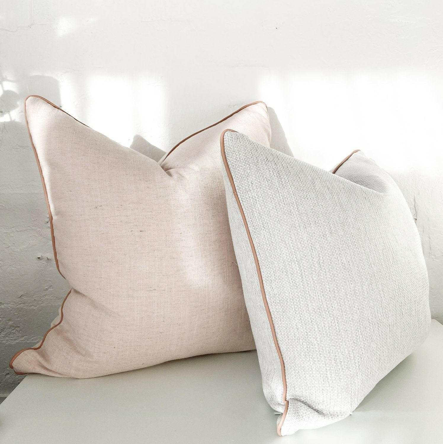 norsu Studio Cushion in Lexus Rosewater fabric with blush leather piping, handmade decorative throw pillows