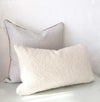 norsu Studio Cushion Lindeman Snow with Blush Piping, soft textured white cushion with blush piping, handmade in Melbourne with high-quality fabrics and feather down filling