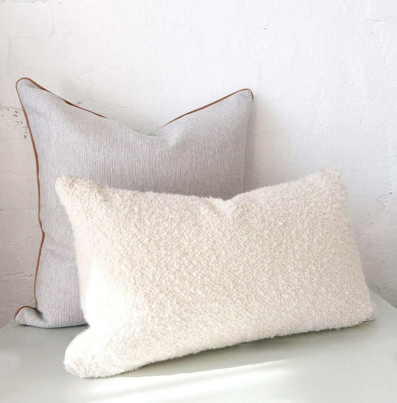 norsu Studio Cushion Lindeman Snow with Blush Piping, soft textured white cushion with blush piping, handmade in Melbourne with high-quality fabrics and feather down filling