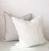 norsu Studio Cushion in Lindeman Snow with blush piping, handmade textured white and soft grey pillows with feather down filling