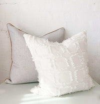 norsu Studio Cushion in Lindeman Snow with blush piping, handmade textured white and soft grey pillows with feather down filling