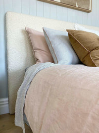 norsu interiors Beds norsu interiors Bed head, Bouclé with Leather Piping