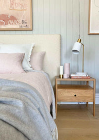 norsu interiors Beds norsu interiors Bed head, Bouclé with Leather Piping