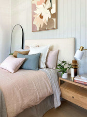 norsu interiors Beds norsu interiors Bed head, Bouclé with Leather Piping