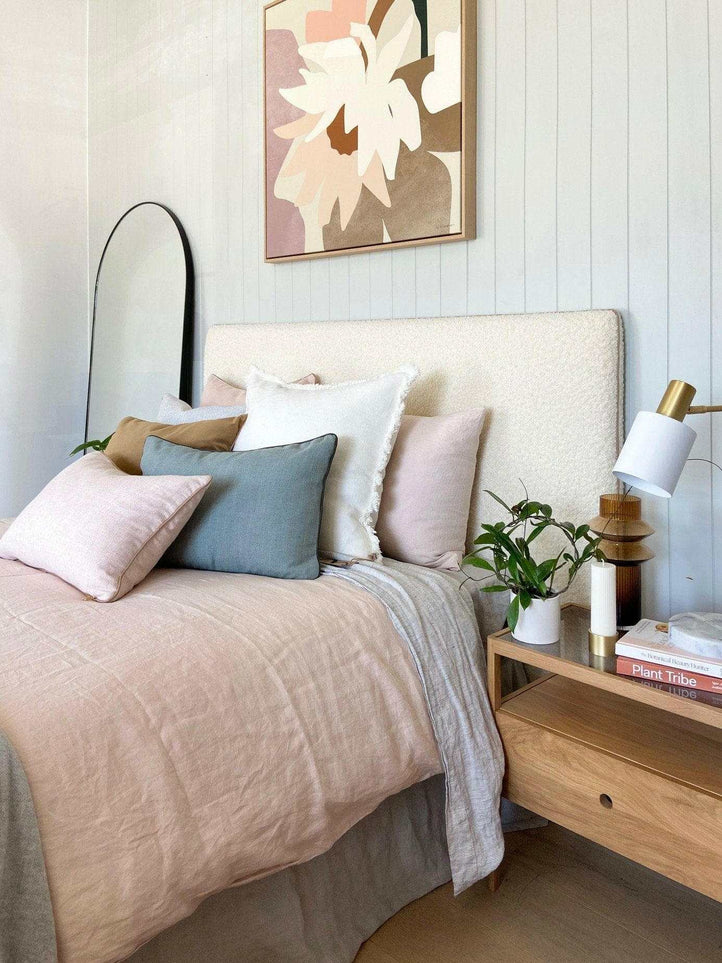 norsu interiors Beds norsu interiors Bed head, Bouclé with Leather Piping