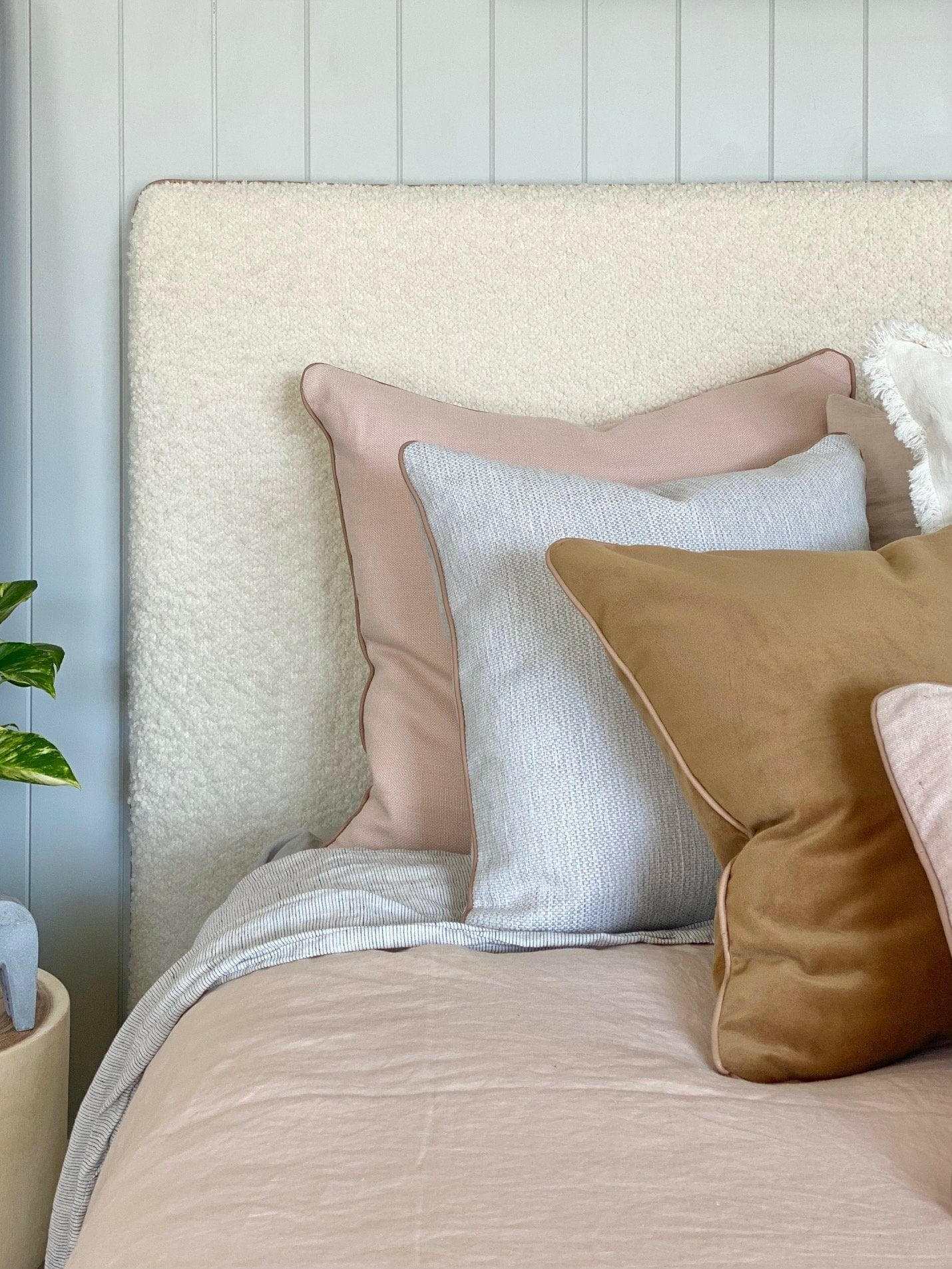 norsu interiors Beds norsu interiors Bed head, Bouclé with Leather Piping