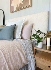 norsu interiors Beds norsu interiors Bed head, Bouclé with Leather Piping