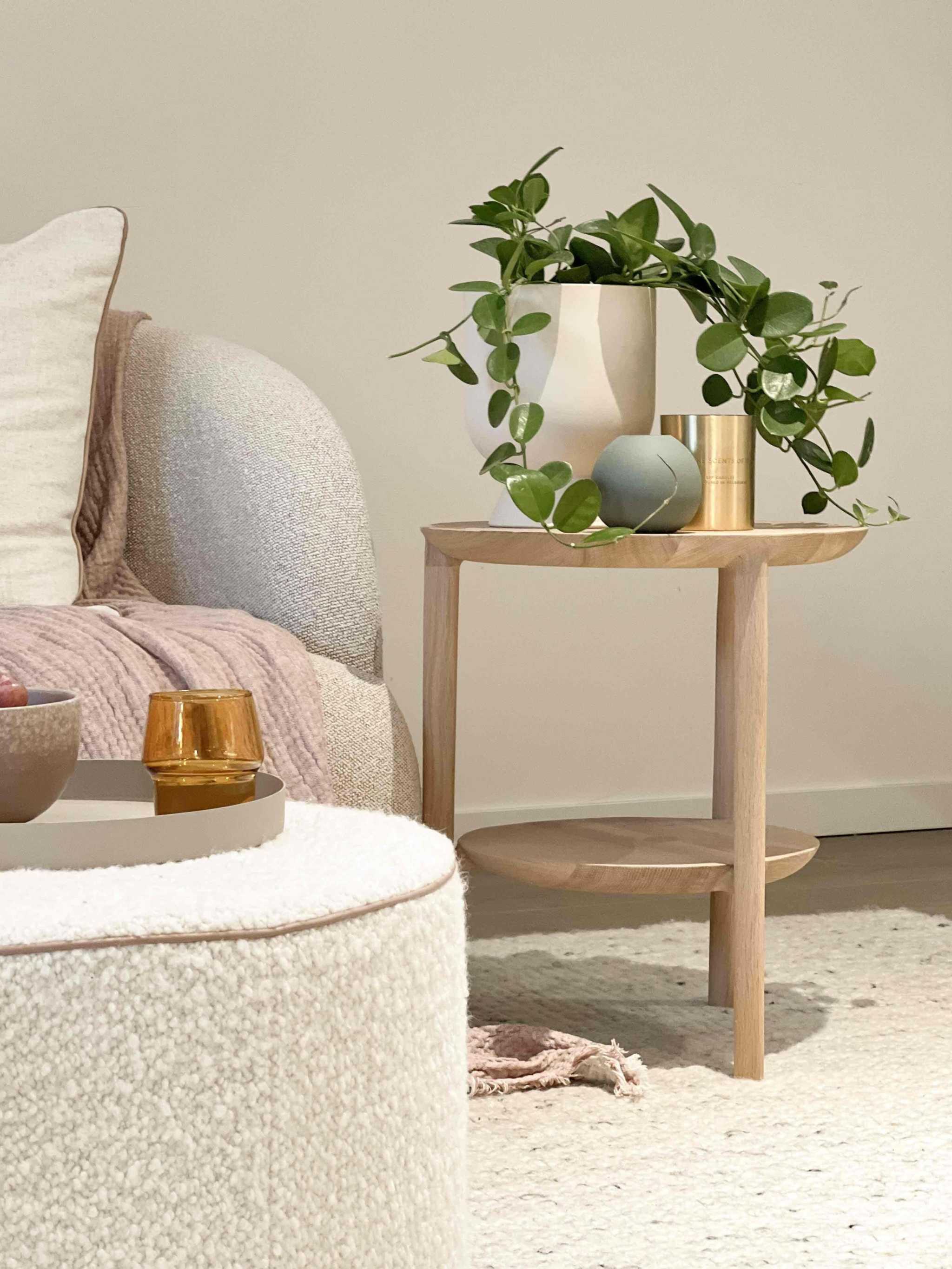Ethnicraft Oak Bok Side Table with minimalist design featuring a round top and lower shelf, styled with a potted trailing plant and decorative items in a cozy living room setting.