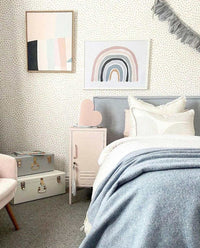 Over The Rainbow blush abstract rainbow artwork in modern bedroom setting with soft pastel decor