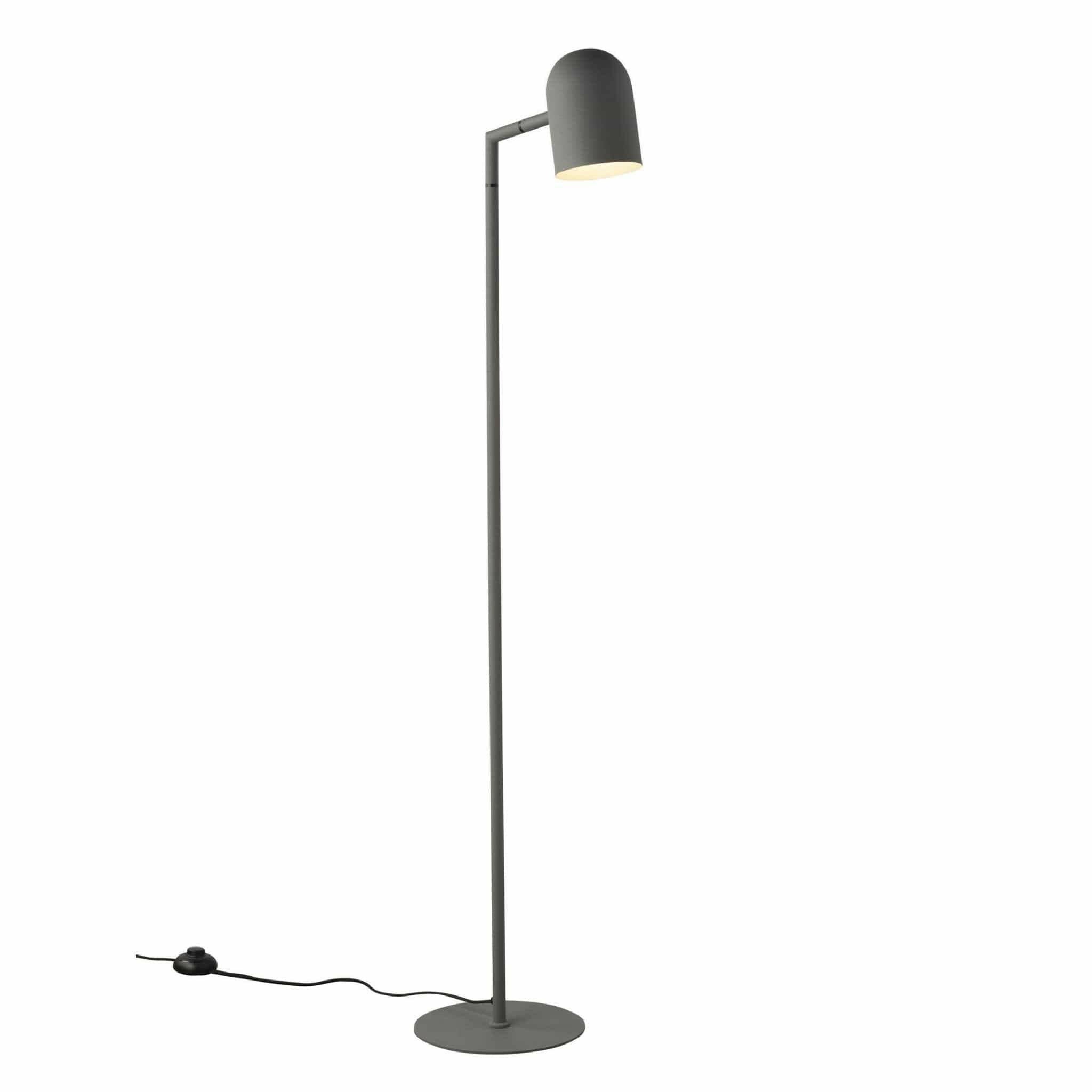 Charcoal Pia floor lamp with architectural design, footswitch, and adjustable spotlight head.