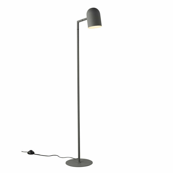 Charcoal Pia floor lamp with architectural design, footswitch, and adjustable spotlight head.