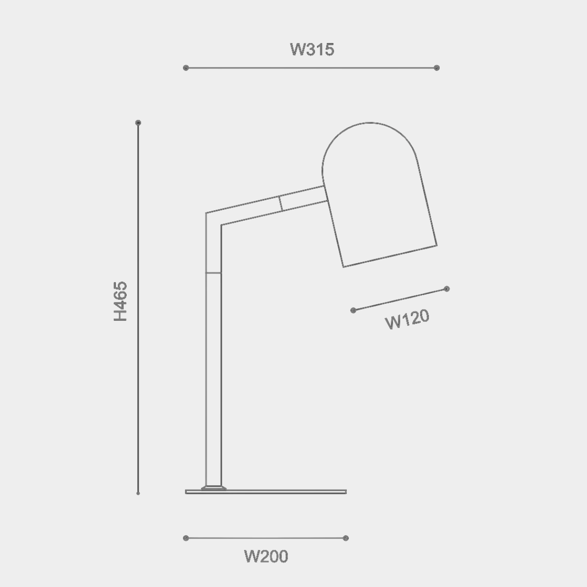 Diagram of Pia desk lamp in sage green with dimensions W315mm x H465mm and shade diameter W120mm