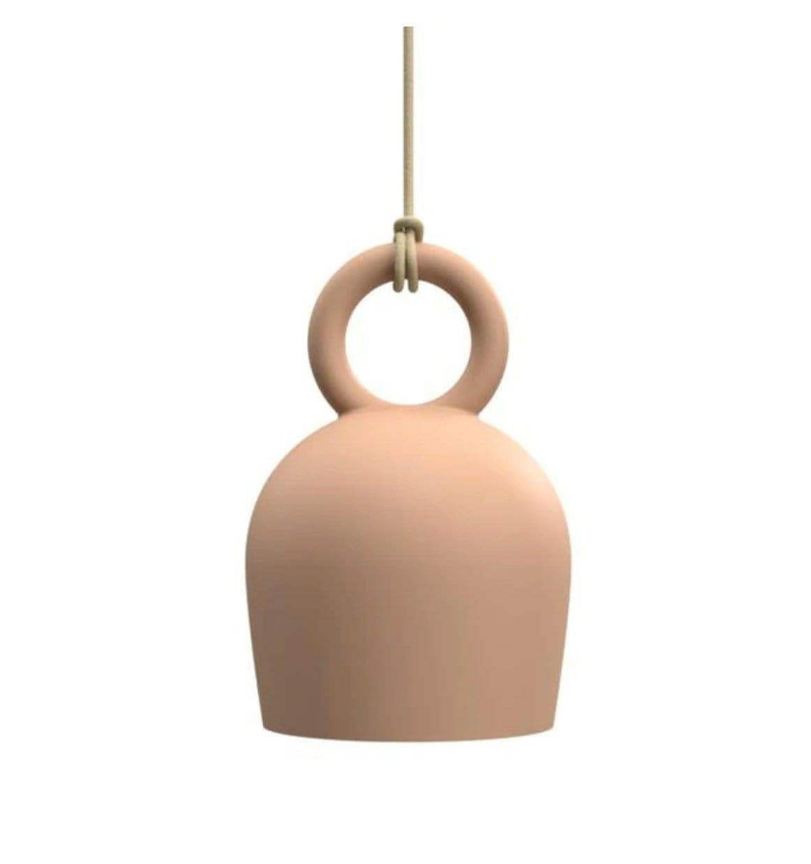 POTT Lighting Calo Pendant in salmon color with handmade bell-shaped ceramic design and natural jute rope hanging cord