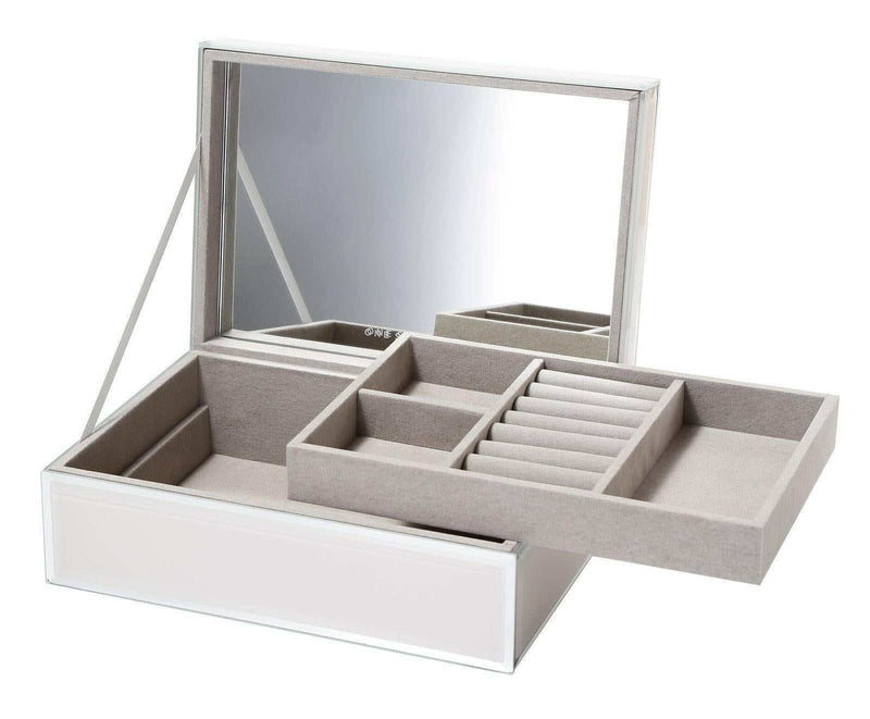 Sara Jewellery Box large nude glass design with grey velvet lined compartments and mirror