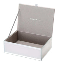 Sara Jewellery Box medium size with bevelled glass exterior and grey velvet interior lining in nude color.