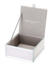 Sara Jewellery Box Nude Small with bevelled glass and grey velvet lining open on white background