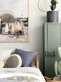 Summer Break Surfboard print wall art featuring surfboards, displayed in a modern bedroom with neutral decor