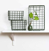 Set of three olive baskets with metal grid design displayed on a white shelf with a small green vase and leafy plant.