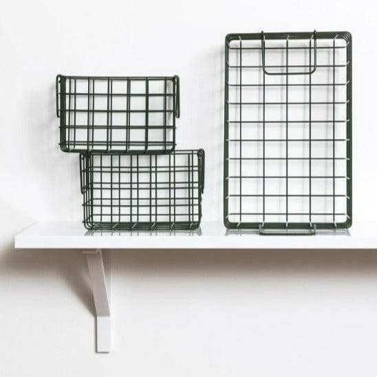Set of three olive wire baskets including one large and two small, designed for optimized locker storage.