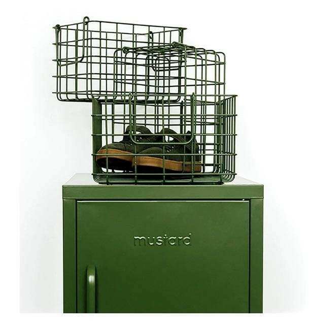 Set of three olive baskets in large and small sizes, ideal for locker storage and organizing bits and bobs