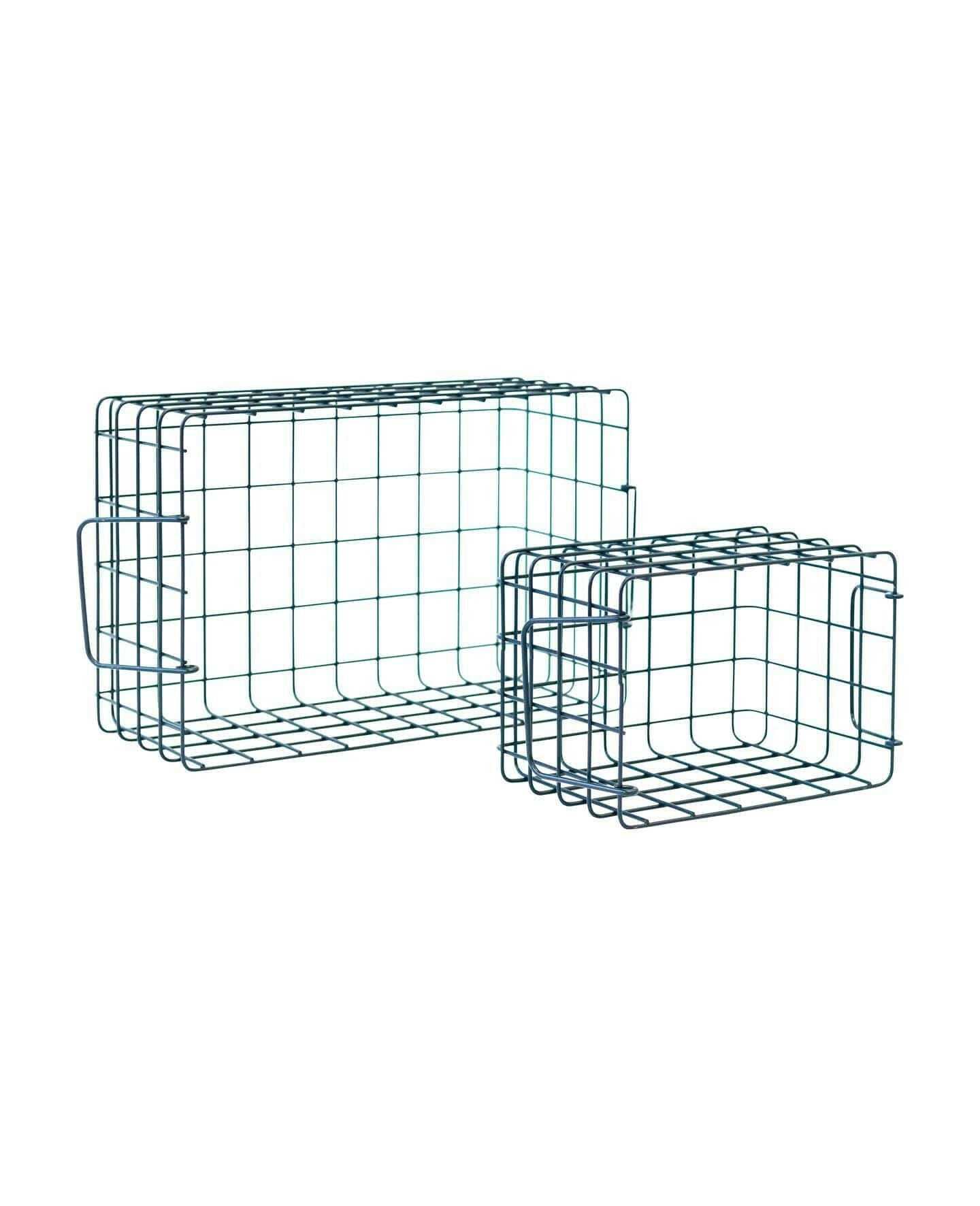 Set of slate-colored wire baskets in large and small sizes for locker storage and organization