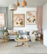 Custom Norsu Sofa 2.5 seater in Wells Driftwood fabric with contemporary living room decor and soft pastel artwork