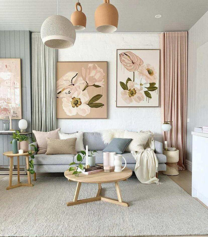 Custom Norsu Sofa 2.5 seater in Wells Driftwood fabric with contemporary living room decor and soft pastel artwork