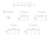 The Norsu Sofa dimensions and seating capacity diagram showing 2 seater, 2.5 seater, 3 seater, and 3.5 seater layouts with measurements in millimeters