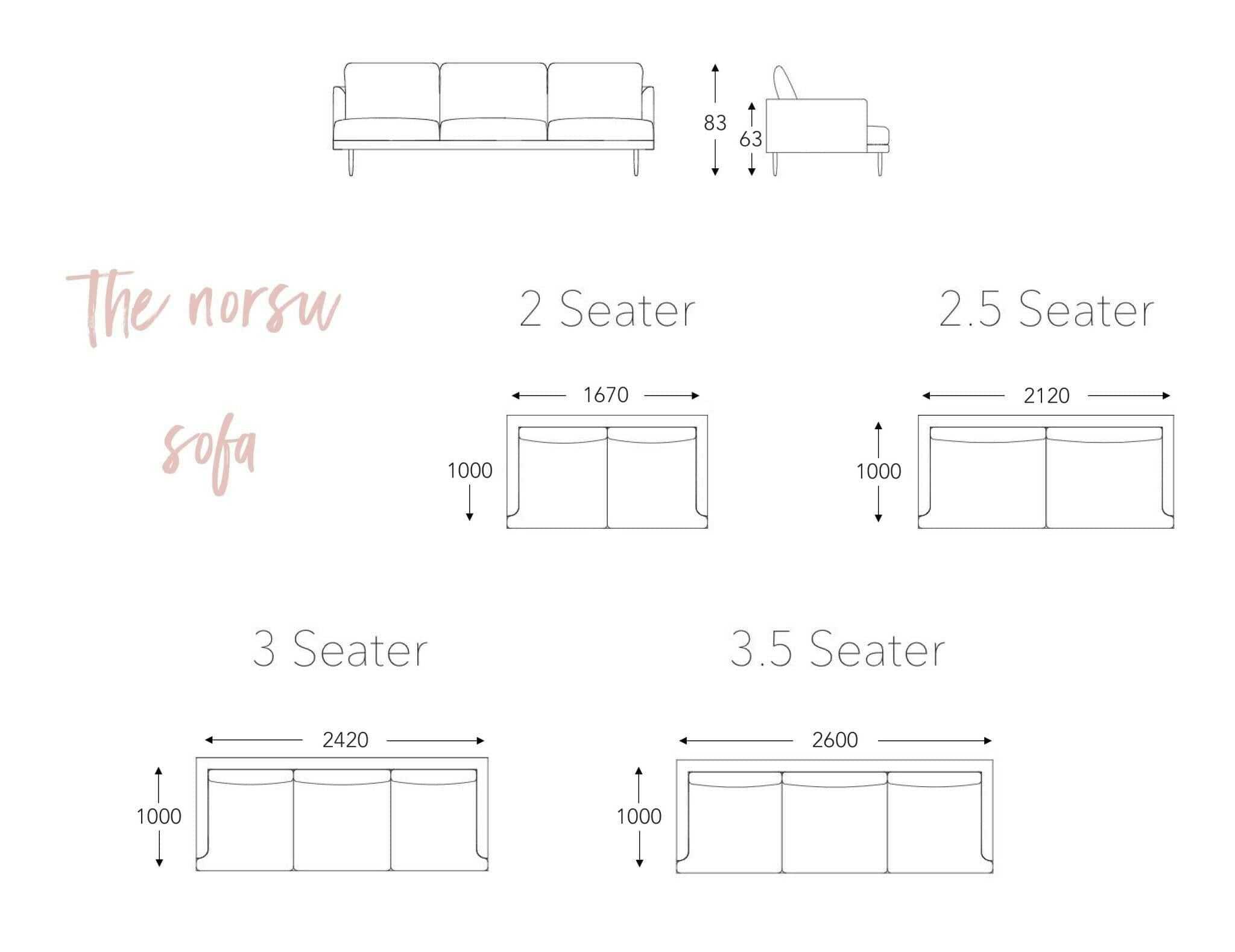 The Norsu Sofa dimensions and seating capacity diagram showing 2 seater, 2.5 seater, 3 seater, and 3.5 seater layouts with measurements in millimeters
