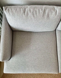 Top view of custom Norsu 2.5 seater sofa in Wells Driftwood fabric with cushioned armrest and backrest