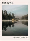Tiny house on a calm lake surrounded by mist and trees, illustrating minimalist living and outdoor freedom.