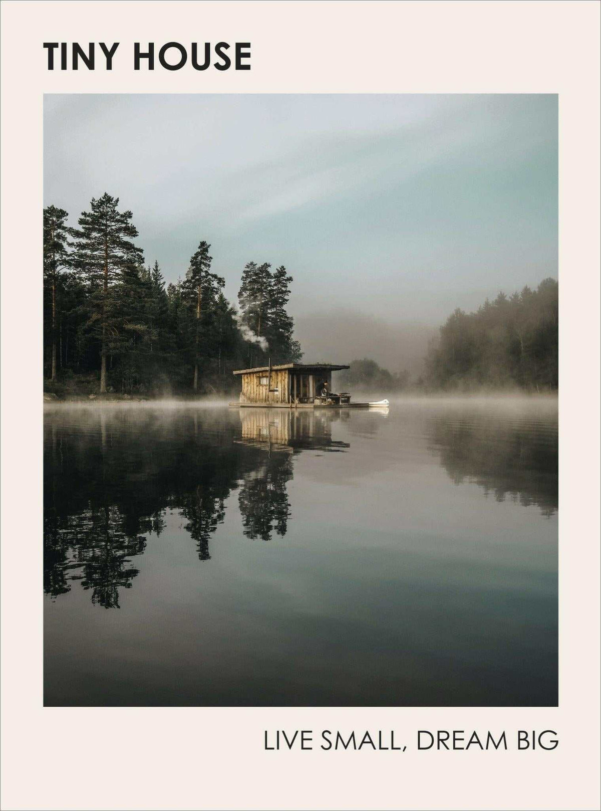 Tiny house on a calm lake surrounded by mist and trees, illustrating minimalist living and outdoor freedom.