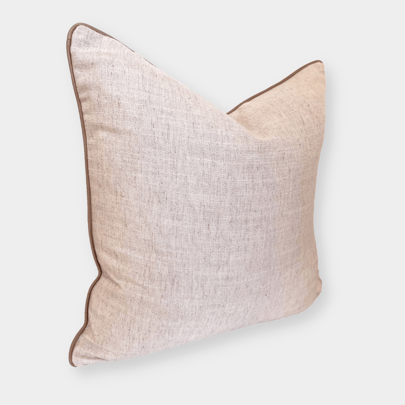 norsu Studio Cushion Lexus Rosewater with blush leather piping in neutral fabric, handmade Melbourne design, soft feather down filling